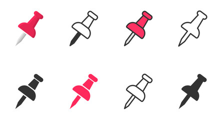 Push pin icons set. Needle, pinned, attach, and note symbol. Thumbtack for note attach collection. Paperclip symbol. Pushpin flat and line style collection. Vector illustration.