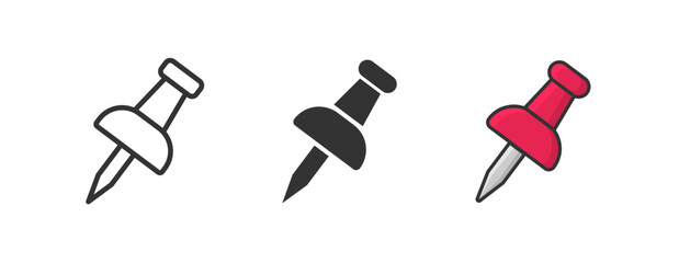 Push pin icons set. Needle, pinned, attach, and note symbol. Thumbtack for note attach collection. Paperclip symbol. Pushpin flat and line style collection. Vector illustration.