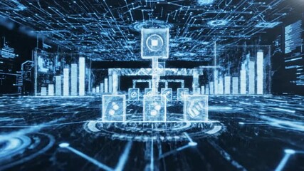 Futuristic digital tunnel with glowing blue data streams, circuit patterns, and holographic graphs, representing AI, big data, and advanced technology. - Powered by Adobe