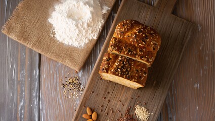 Sesame seed bread on wooden board
