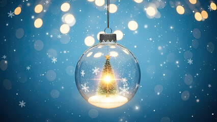 Christmas tree inside glass ball with snowflakes and lights