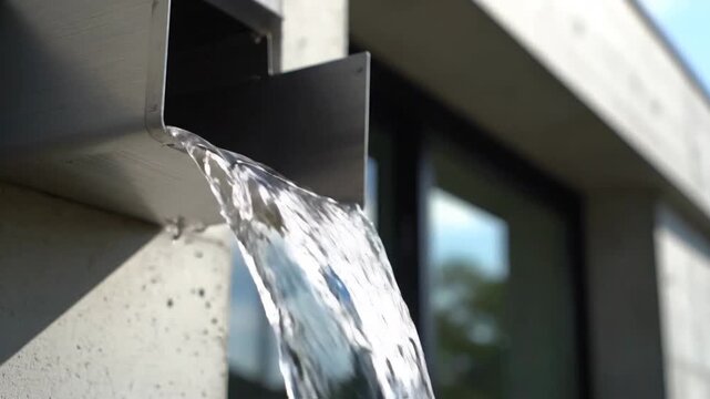 Water flowing from modern metal drain during day time