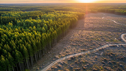 An aerial contrast showing deforestation contributing to climate change and ecosystem loss.