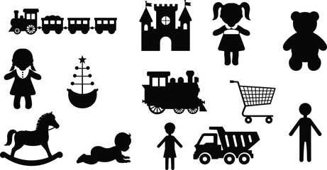 WebSet of Black Silhouettes Featuring Various Classic Children's Toys and Figures Including Train, Castle, Doll, and Teddy Bear, Illustrating Childhood Fun © Amamur