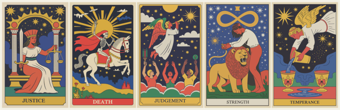 Stylized vintage art nouveau illustration of five tarot cards Justice Death Judgement Strength and Temperance arranged in a horizontal set.