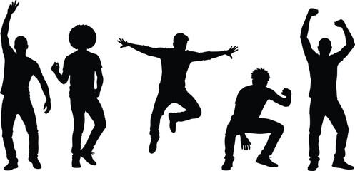 PrintSet of Energetic Men Silhouettes Cheering, Jumping, and Dancing, Black Vector Illustration of Happy Guys Celebrating with Arms Raised, Diverse Group Isolated on White Background