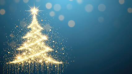 Golden christmas tree with sparkling lights on blue background