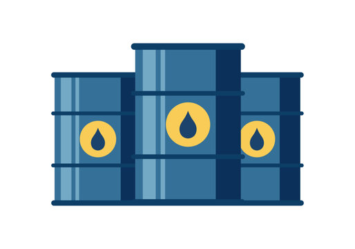 Ilustraci&oacute;n de tres barriles de petr&oacute;leo industrial o bidones de combustible con s&iacute;mbolo de gota 