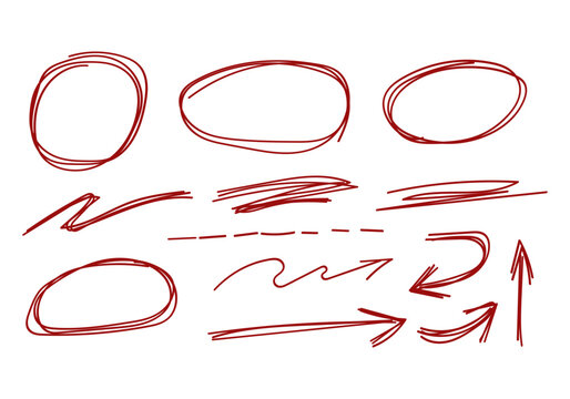 Conjunto de garabatos y flechas rojas dibujadas a mano estilo marcador