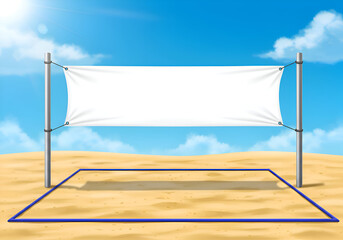 Blank banner on beach volleyball court with clear sky and clouds. Empty advertising space ready for custom text or design.