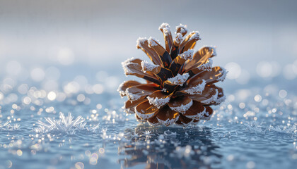 Pine cone covered with frost on a sparkling winter background  