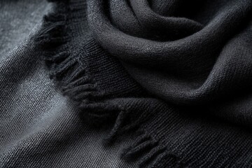 Fototapeta premium A black background made of wool. A dark grey canvas. Warm clothes, winter style, details, close up.