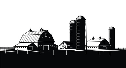 Obraz premium Black and white silhouette graphic of a classic American farmstead featuring barns and tall silos against white