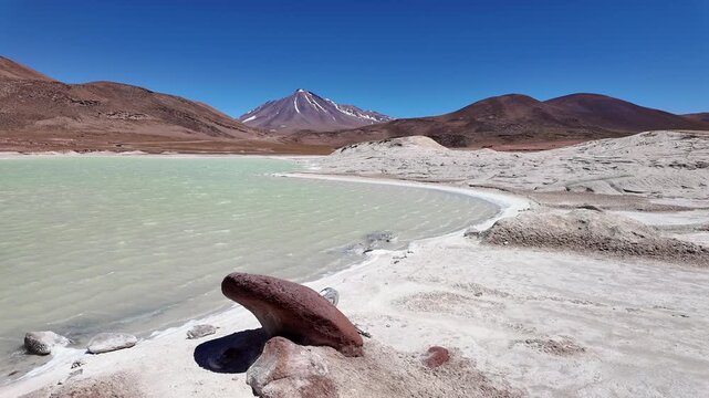 San Pedro de Atacama, Chile: Panorama footage of Mi&ntilde;iques volcano, aguas caliente and salar del Carmen from Piedras Rojas view point near San Pedro de Atacama, Chile