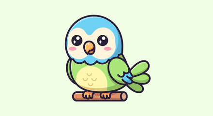 Cute cartoon baby owl with big expressive eyes and colorful feathers perched on a small branch