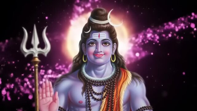 Hindu deity Shiva with trident with cosmic sky.