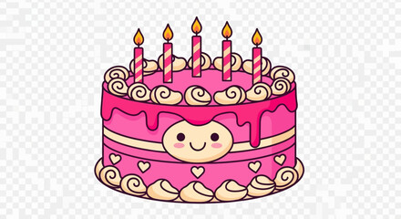 Cute Cartoon Birthday Cake with Five Candles and Heart Decorations for Celebrations