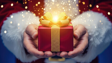 Santa claus holding a gift box with golden ribbon