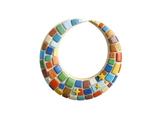 Vibrant Mosaic Crescent Moon with Stars on Transparent Background