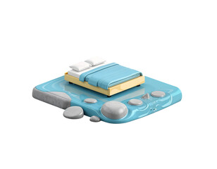 Isometric 3D Bed on Water Platform with Stones