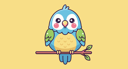 Adorable cartoon bird perched on a branch with expressive eyes and charming features perfect for