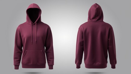 Burgundy Hoodie Mockup Front and Back View on Neutral Grey Background Studio Lighting Professional Composition Apparel Fashion Clothing Design