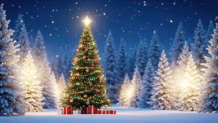 Christmas tree in snowy forest with gifts and lights