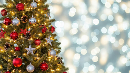Beautiful christmas tree decorated with red and silver ornaments