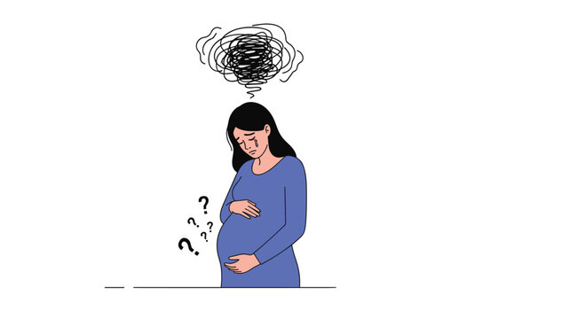 Sad and worried pregnant woman crying, with a tangled scribble cloud and question marks illustrating prenatal depression or anxiety.