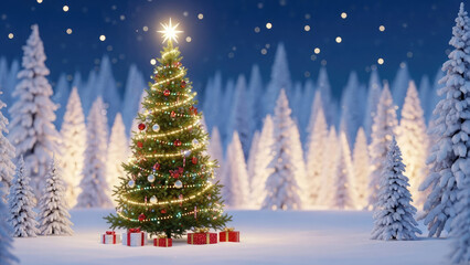 Christmas tree standing tall in snowy forest under starry night
