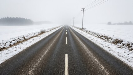 Empty winter road through snowy field on a foggy day, with telephone pole and distant forest in thick mist for travel concept.
