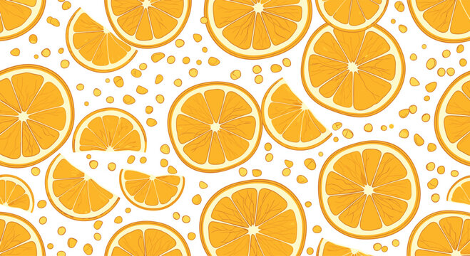 Seamless repeating pattern of bright orange slices and wedges on a white background, perfect for a fresh, fruity design.