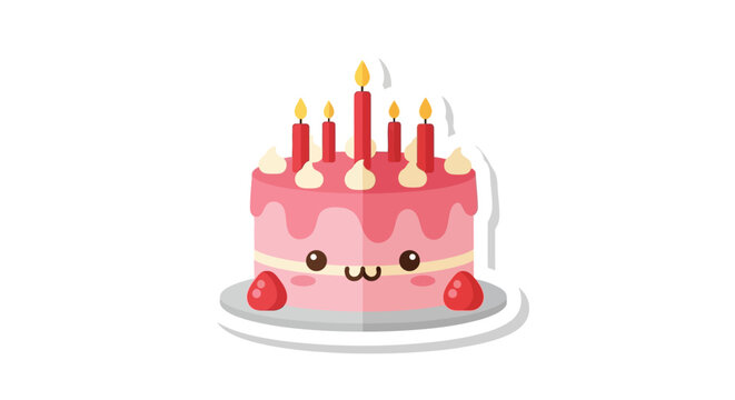 Adorable kawaii style illustration of a cute birthday cake with smiling face and lit candles