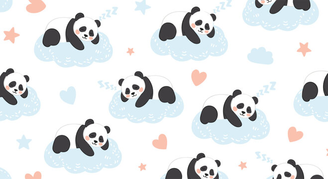 Seamless pattern with cute panda bears sleeping on fluffy blue clouds, surrounded by pink and blue hearts and stars.