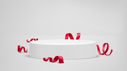 Bright room with podium and red ribbons. Vector 3d illustration