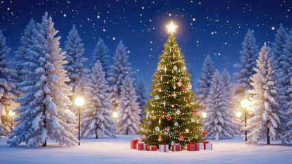 Christmas tree in snowy forest with gifts and lights