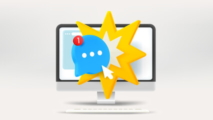 Speech cloud on modern monitor. Vector 3d editorial illustration