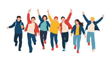 Obraz premium Group of happy and diverse young students or friends running forward together with their arms raised in celebration or excitement.