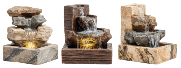 Three layered rock waterfalls with lit bottom pools against black