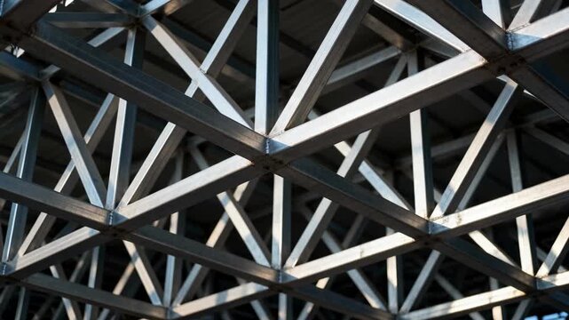 Close medium shot capturing the lattice steel truss structure emphasizing crisscrossing steel bars and geometric complexity for enhanced tensile strength.