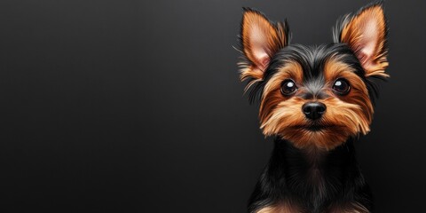 Fototapeta premium Charming Yorkshire Terrier with Fluffy Fur and Piercing Eyes in Dark Studio with Joyful Expression