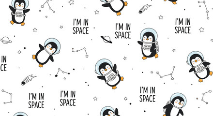 Custom blinds with your photo Seamless pattern with cute cartoon penguins wearing astronaut helmets floating in space among stars and constellations.