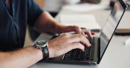 Man, hands and typing in office with laptop for graphic design proposal, project and email feedback. Creative, person and digital designer in workplace with computer for report, planning or research. - Powered by Adobe