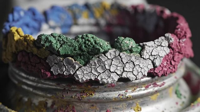 Close up of a glass jar rim covered in dried cracked colorful paint chips in blues greens grays and purples with a shallow depth of field and textured surfaces detail