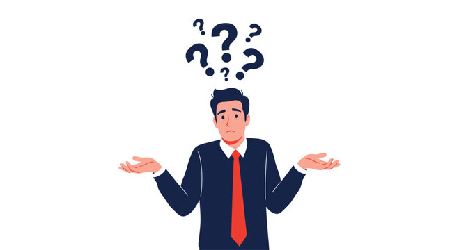 Confused businessman in a suit shrugging his shoulders with a cluster of question marks floating above his head.