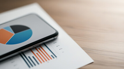 Mobile Finance: Smartphone displays a detailed pie chart laying on top of a printed bar graph report, set against a wooden desk backdrop. Data analysis made easy!