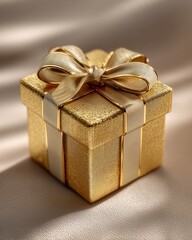 Obraz premium Luxury gold glitter gift box with satin ribbon bow in sunlight with shadows.