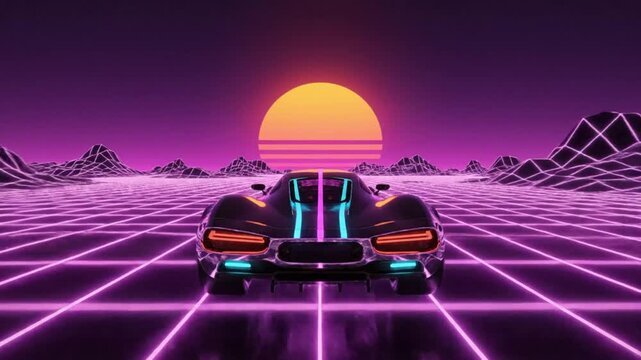 A sleek, neon lit sports car drives down a glowing purple grid towards a retro sunset. Pure 80s synthwave aesthetic for music, gaming, or futuristic themes.