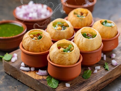 Steaming pani puri arranged on a rustic wooden board with bowls of chutney and onions