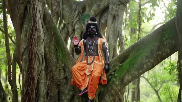 Hindu deity sits on a tree.